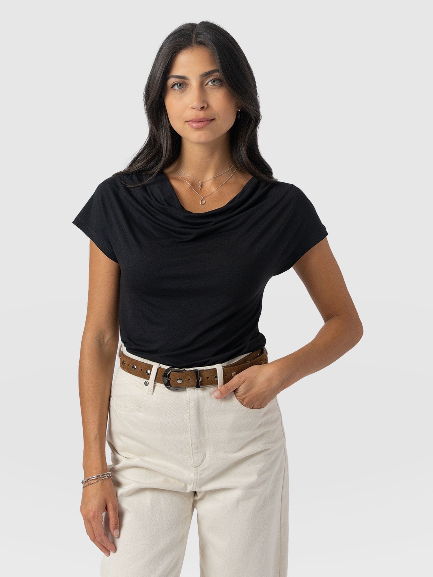 Cowl Neck Tee Black - Women's T-Shirts | Saint + Sofia® USA